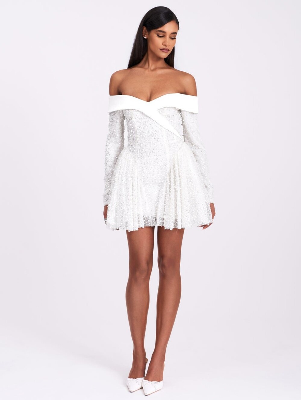 Miss Circle Kira White Beaded Off Shoulder Mini Dress Size S NWT